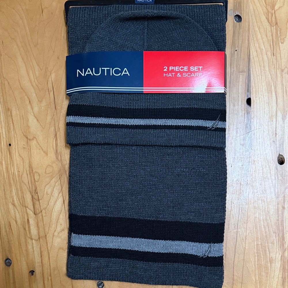 Nautica Black and Gray Striped Hat & Scarf Set